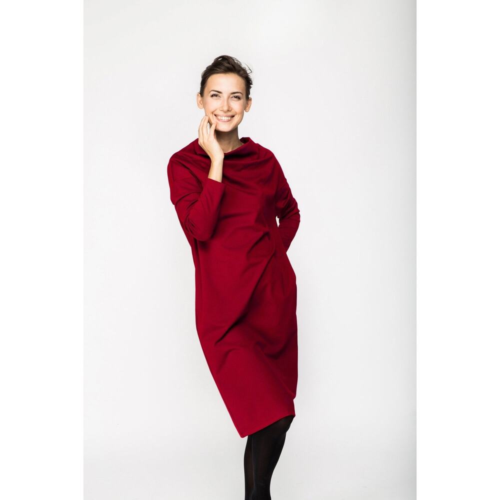 Le Muse Red Tube Dress Chic Cowl Neck Large Lagenlook Minimalist Quiet Luxury